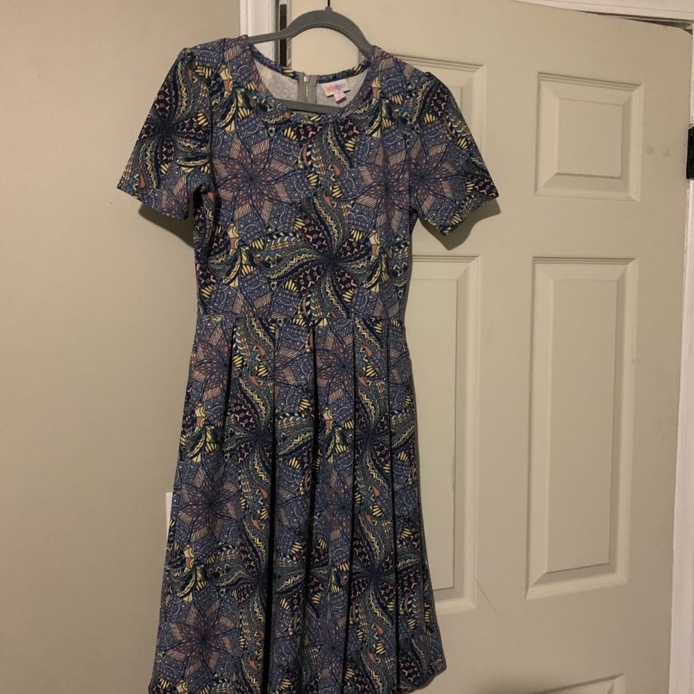 LuLaRoe Amelia Dress with Blue and Yellow Floral Design